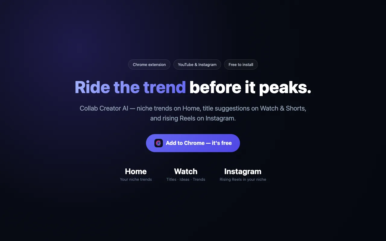 The Collab Creator extension showing niche traction and trend matches on a YouTube page