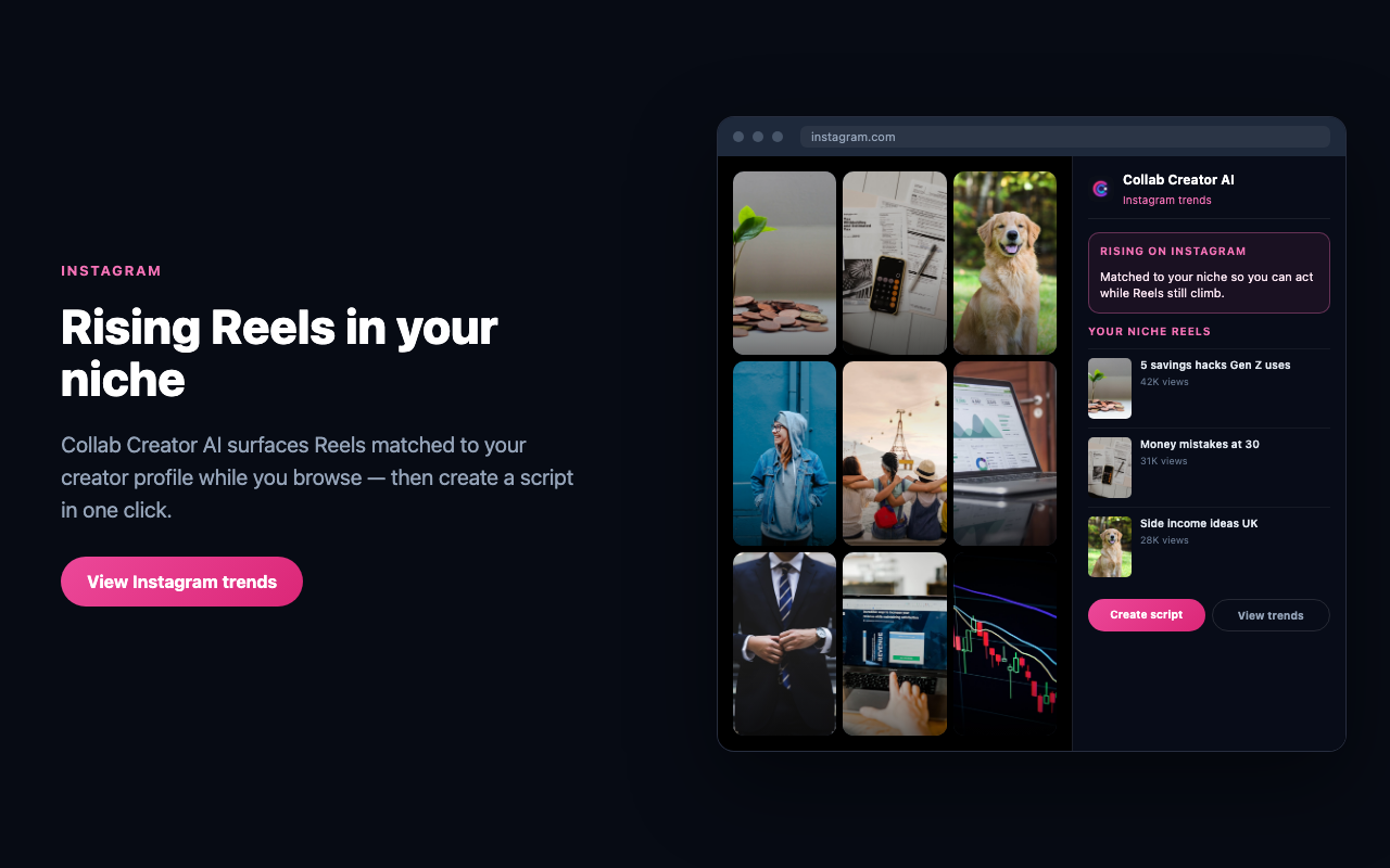 Collab Creator extension showing Instagram Reels trends in a side panel